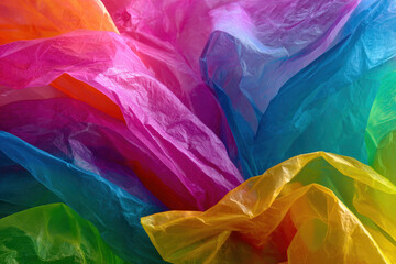 Colorful transparent plastic bags overlapping create vibrant abstract pattern
