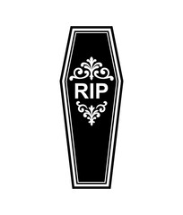 black coffin with RIP text. Symbol of funeral, death, mourning, and gothic art. Perfect for Halloween, horror, cemetery, and dark design projects.