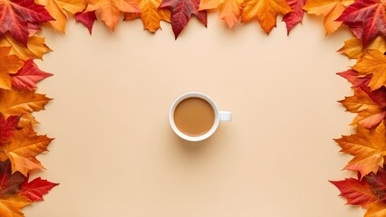 Autumn Leaves Border Around Coffee Cup on Beige Background fall maple leaves