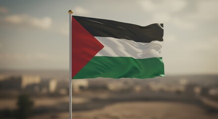 Palestinian Flag Flying High: A captivating image of the Palestinian flag, proudly waving against the backdrop of a sun-kissed day. Symbolizing national identity.