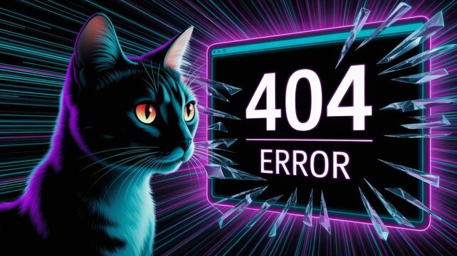 404 Error on Computer with cat, Cyberpunk Style