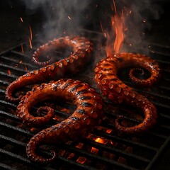 Grilled octopus tentacles sizzling over an open flame on a barbecue grill outdoors