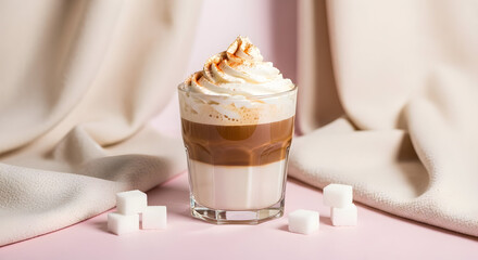 Layered latte macchiato or cappuccino with whipped cream and cinnamon, served in a glass with sugar cubes on a pink and beige background.