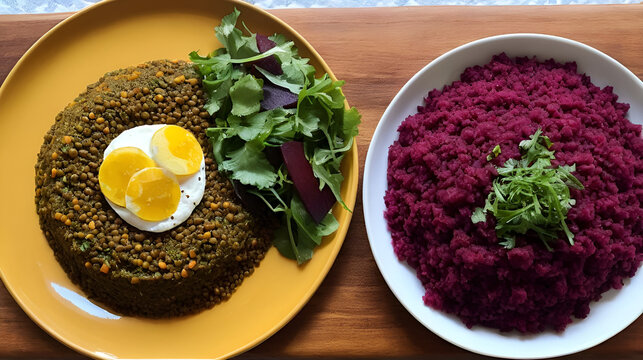 Ethiopian misir wot and gomen on injera with lentil salad and beets