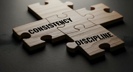 Discipline and consistency puzzle pieces forming essential foundations for success and achieving goals