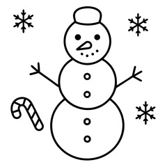 Delightful Snowman Illustration Featuring Festive Candy Cane and Sparkling Snowflakes for Winter Season Greetings
