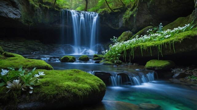 Serene waterfall cascading over moss-covered rocks in a lush forest with blooming flowers nearby