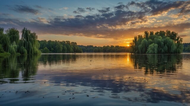 Serene sunset over a tranquil lake surrounded by lush greenery and reflective waters