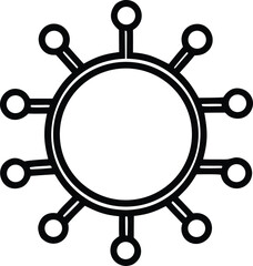 Abstract circular starburst icon with connected nodes representing network or science concept in outline style