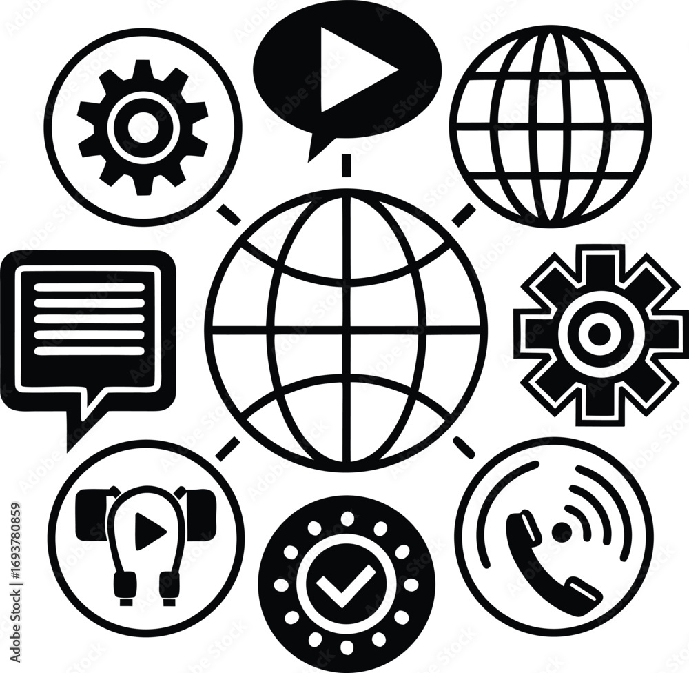 Poster digital technology network icons globe connected devices media play settings communication global ne