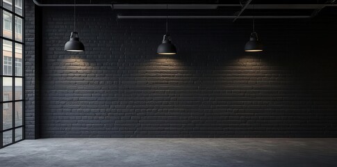Minimalist industrial Interior With Black Brick Wall And Hanging Lights