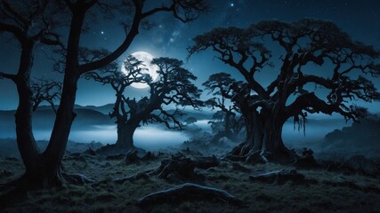 Moonlit forest landscape with ancient trees shrouded in mist under a starry night sky