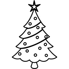 Black and white Christmas tree outline drawing with star and ornaments holiday season vector illustration isolated
