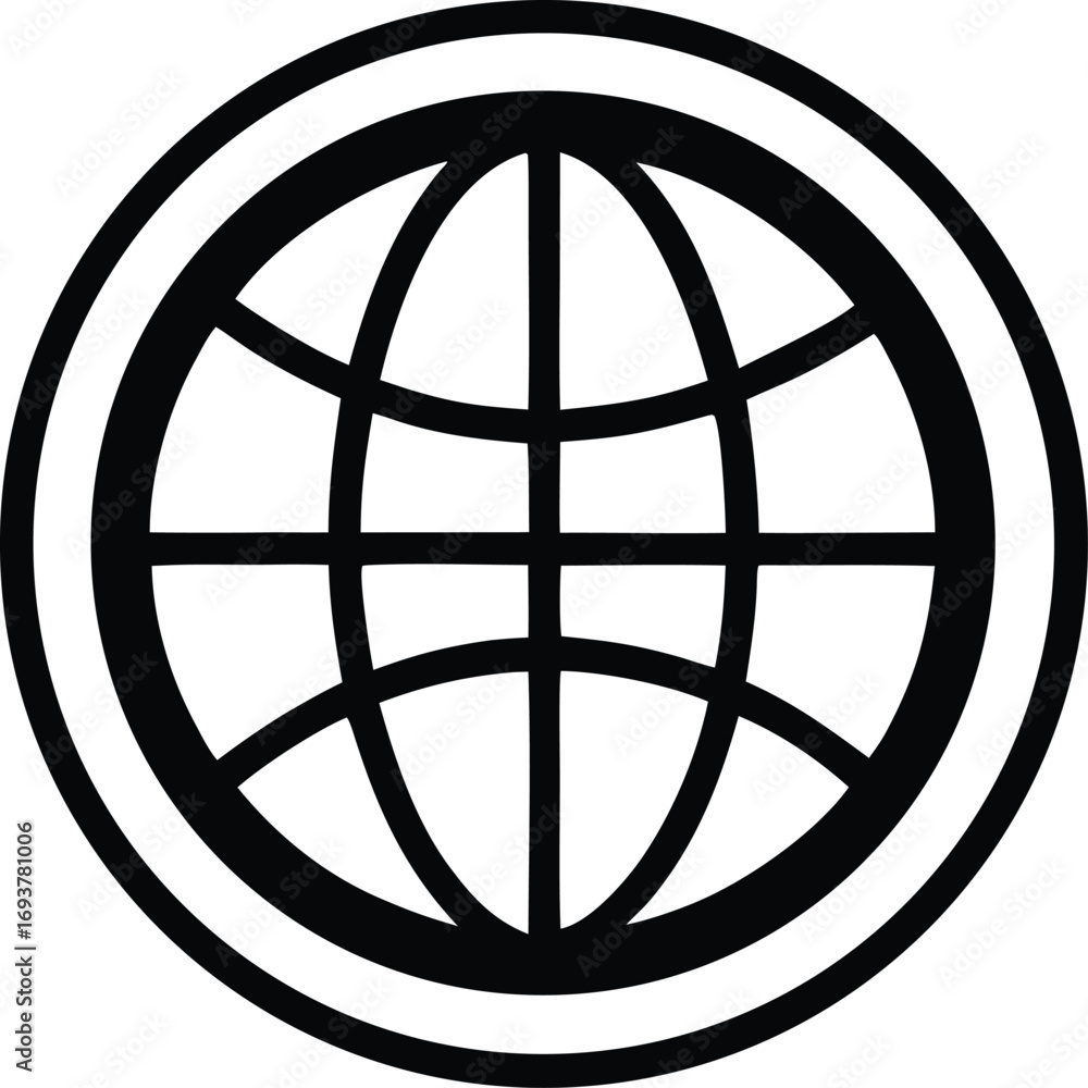 Poster global earth globe emblem symbol featuring meridian lines and parallel grids within concentric circu