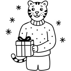 Cute Cartoon Tiger Holding Gift Box with Snowflakes for Christmas and New Year Celebration Outline Style Vector Illustration