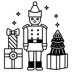 Holiday nutcracker Christmas tree gifts black and white drawing for cards and festive decoration illustration
