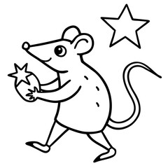 Cartoon Mouse Carrying Star Another Star Floating Above Festive Illustration Line Art Black and White