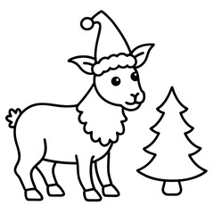 Festive reindeer wearing a santa hat standing beside a christmas tree in a cute minimalist outline drawing
