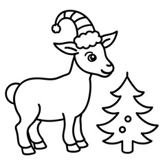 Festive cartoon goat illustration with Santa hat beside decorated christmas tree outline design for holiday creations
