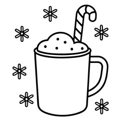 Winter Holiday Mug with Candy Cane and Snowflakes Line Art Illustration Black and White Design