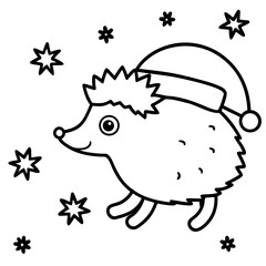 Festive Hedgehog Illustration in Black and White with Christmas Hat and Starry Background for Winter Holidays