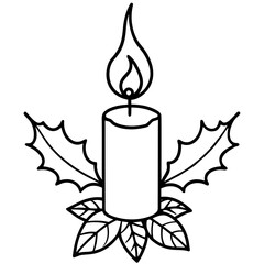Obraz premium Elegant Candle Outline with Holly Leaves for Festive Christmas and Holiday Season Decor Vector Illustration