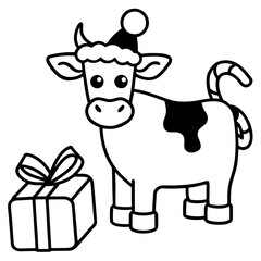 Festive Christmas Cow with Santa Hat and Gift Box Outline Illustration Style for Holiday Celebrations and Designs