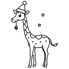 Festive Giraffe in a Santa Hat with Stars a Winter Holiday Celebration Outline Drawing