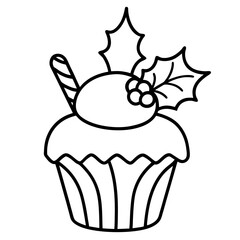Delightful Christmas Cupcake Outline with Candy Cane and Holly Berries festive holiday season treat illustration isolated