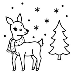 Whimsical Winter Scene Cute Deer in Scarf by Christmas Tree with Snowflakes Coloring Page Style
