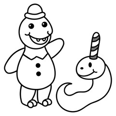 Whimsical Line Art Illustration Featuring a Jolly Character with a Hat and a Smiling Worm Figure