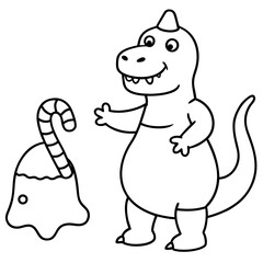 Cute Cartoon Dinosaur with Candy Cane Christmas Coloring Page Design for Childrens Illustration