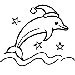 Festive Dolphin with Santa Hat in Ocean Coloring Page for Kids Christmas Joy and Holiday Spirit