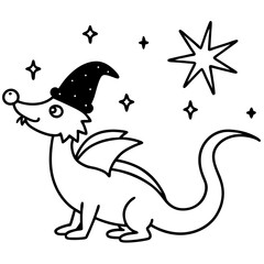 Magical wizard dragon in doodle style with stars and a pointed hat illustration drawing character whimsical fantasy creature