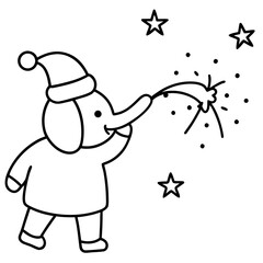Festive Elephant Cartoon with Santa Hat and Sparkler Celebrates under Stars Outlined in Black and White