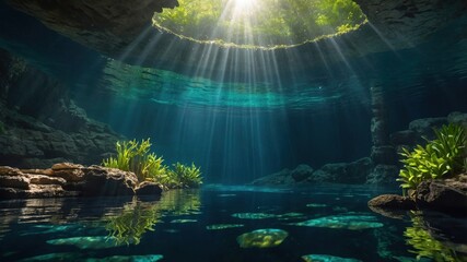 Serene underwater cave with sunlight streaming through, illuminating vibrant aquatic plants and rocks