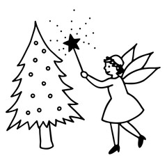 Hand drawn fairy with magic wand decorating a christmas tree illustration for festive designs and greeting cards