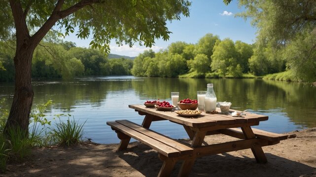 Tranquil riverside picnic scene with fresh fruits, milk, and cookies on a wooden table under trees - Powered by Adobe