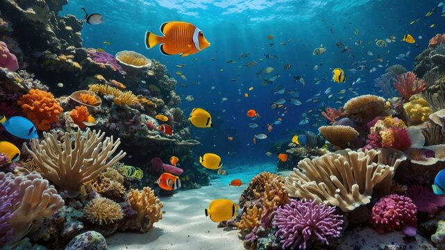 Vibrant underwater scene showcasing colorful coral reefs and diverse fish species swimming gracefully