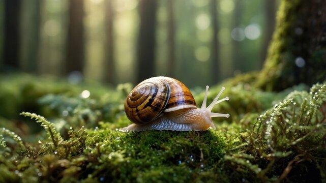 A close-up of a snail crawling on lush green moss in a serene forest, with sunlight filtering through trees - Powered by Adobe