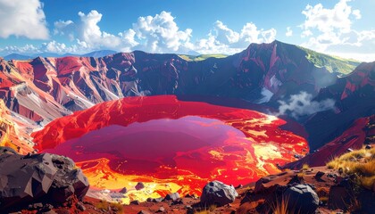 A vibrant landscape showcases a volcanic crater lake filled with fiery hues of red and orange, surrounded by colorful, dramatic mountains under a bright sky.