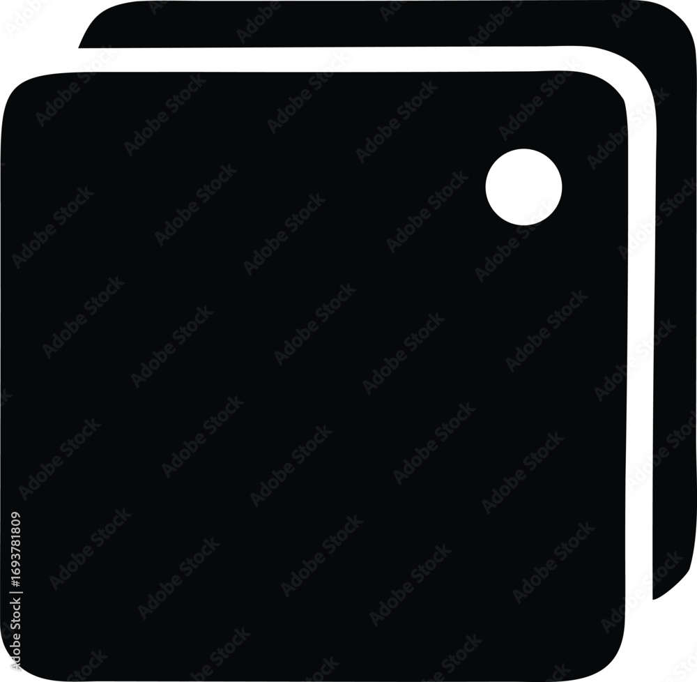 Poster simple black icon representing stacked square images or photos with a small circular detail suggesti