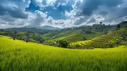 Vibrant terraced rice paddies stretching across a verdant valley under a dramatic blue sky