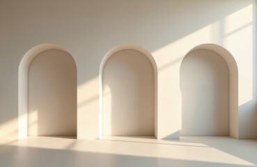 Minimalist interior scene with three white arched openings against plain wall, beige floor. Soft natural sunlight casts dramatic shadows, creating serene atmosphere. Ideal for architectural