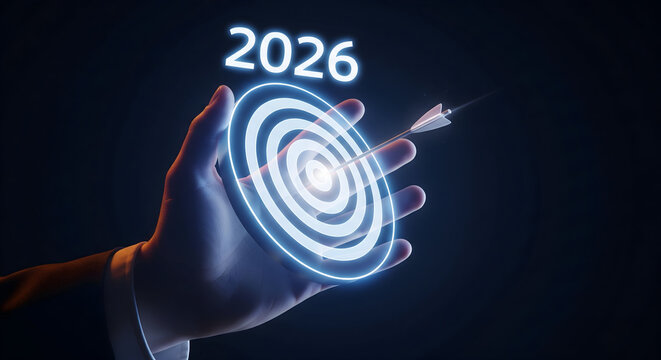 Target 2026 business goals with precision arrow for future success and financial planning in hand