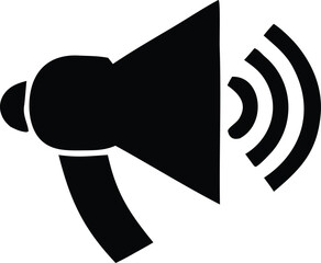 Bold black megaphone icon emitting sound waves communicating messages loudly and clearly for announcements and alerts