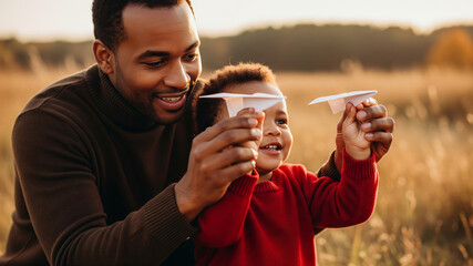 Happy father and child launching paper airplanes in a warm autumn field