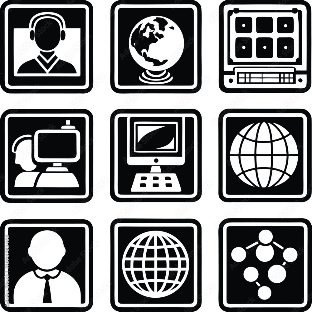 Poster collection of technology and communication icons featuring a person with headphones globes computers