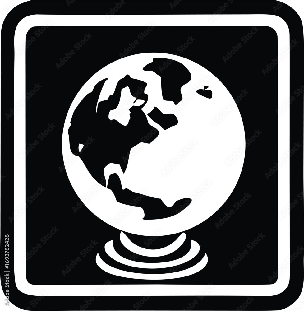 Poster stylized globe icon showcasing continents on a pedestal within a square border representing global r
