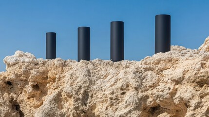 Abstract cylindrical shapes on textured rock against a vibrant blue sky backdrop
